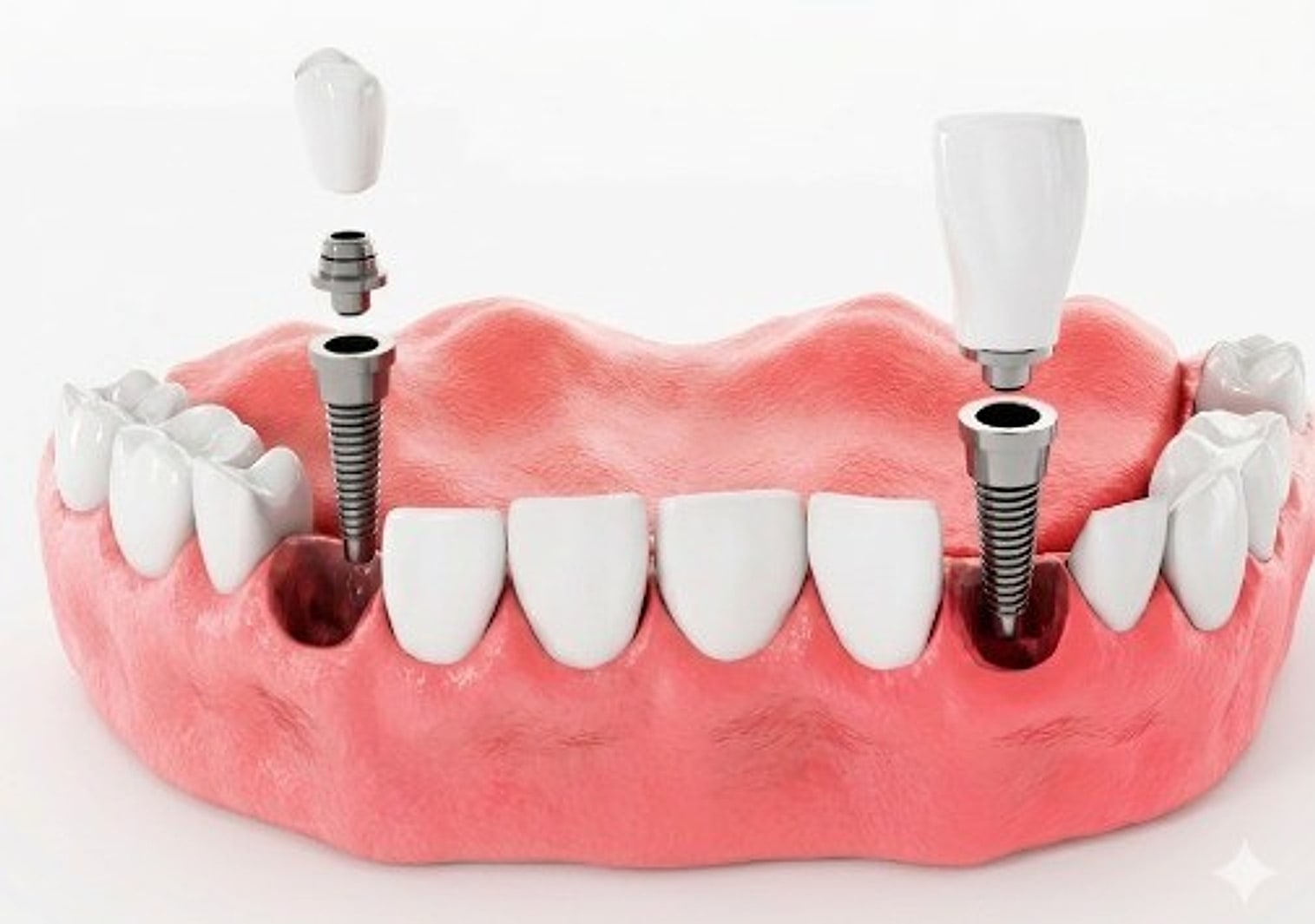 Modelo 3D de implantes dentales de titanio con coronas en encía